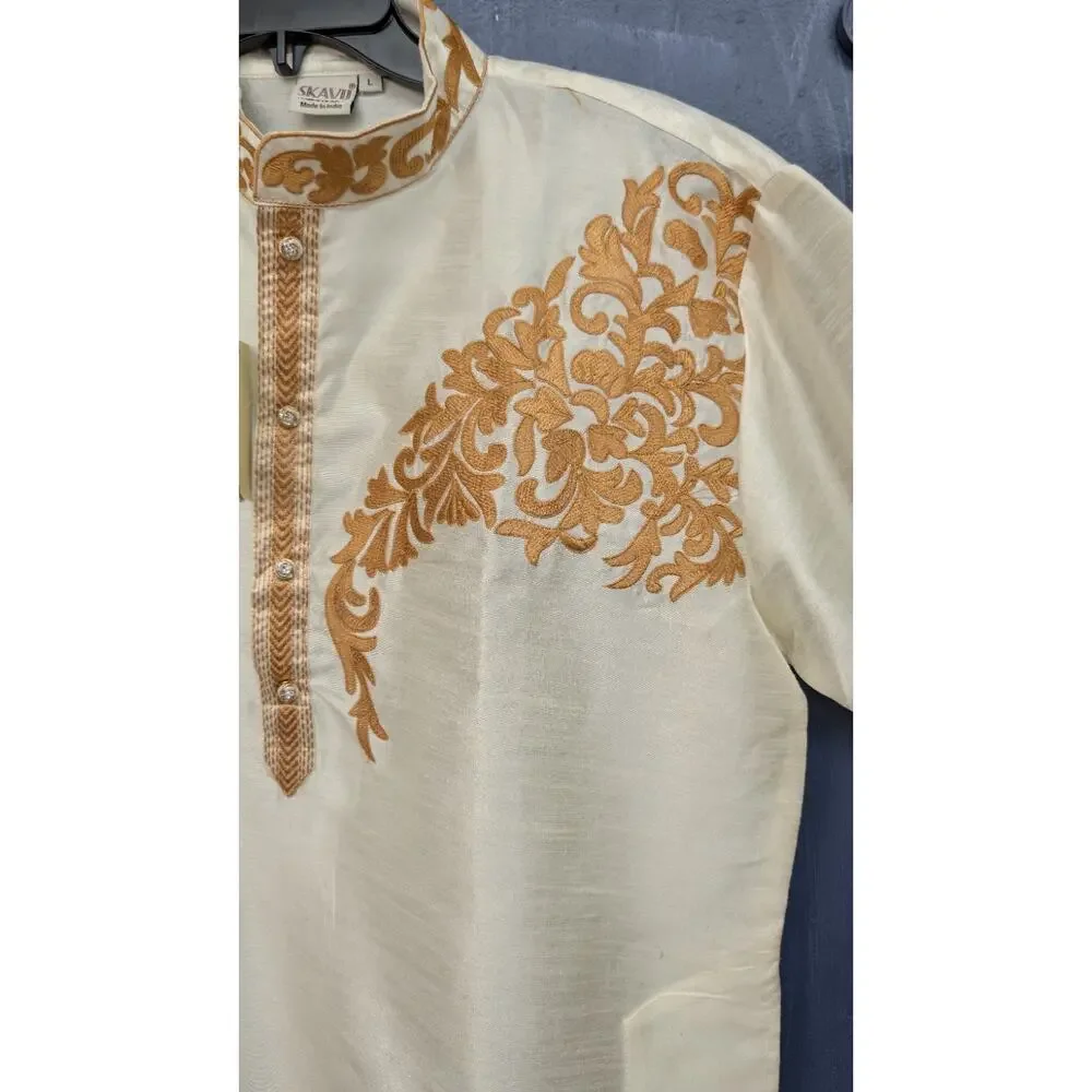 Skaviji Men's Cream Embroidered Kurta Tunic Size Large Authentic Ethnic Wear NWT
